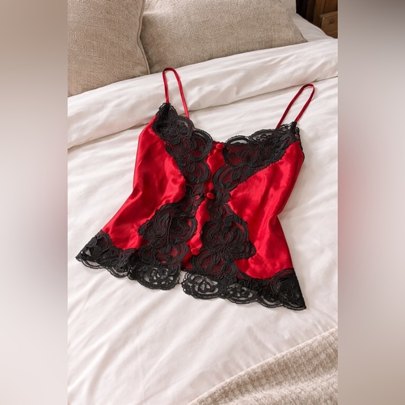 Victoria's Secret Gold Label Red Satin Camisole with Black Lace Size Medium